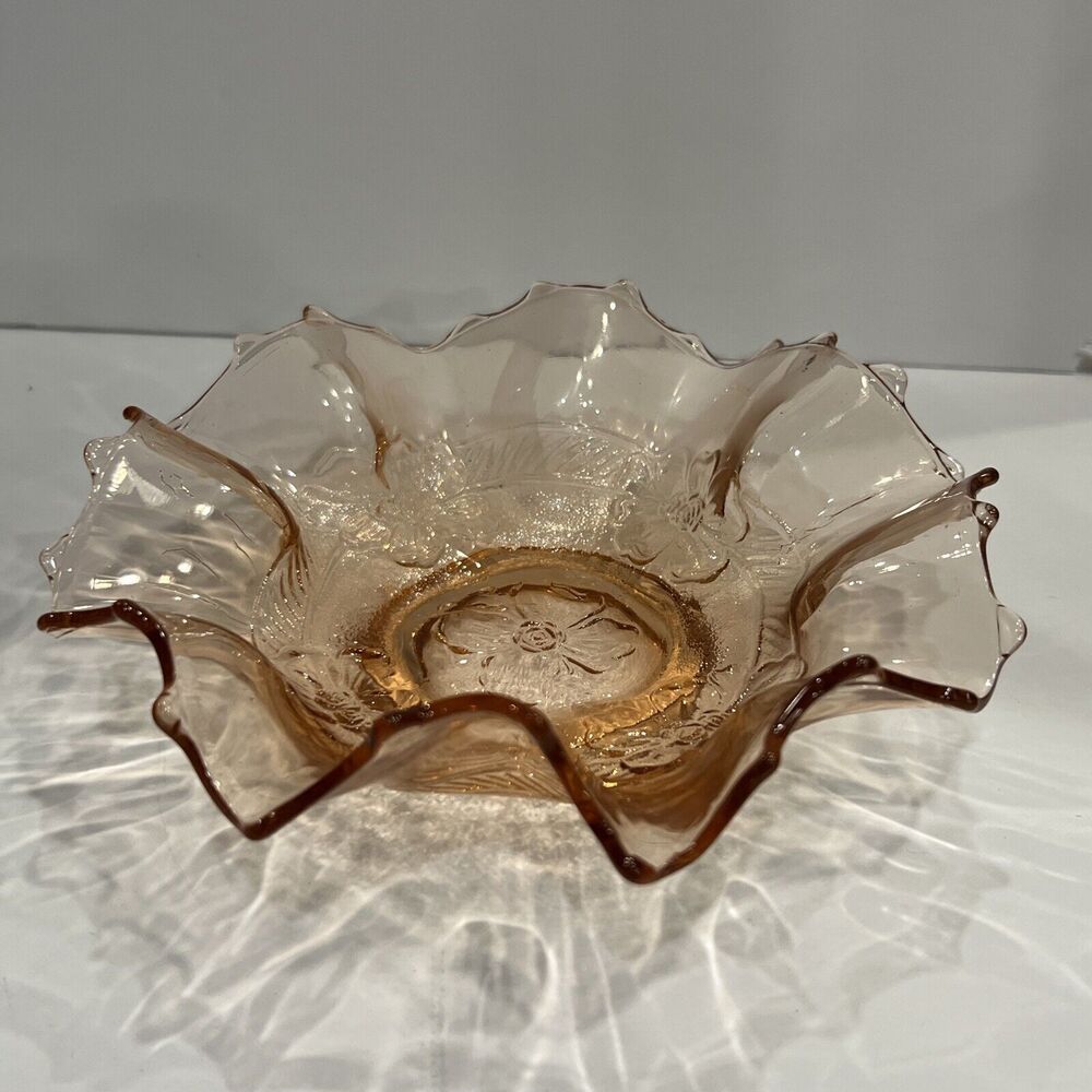 DUGAN Apple Blossoms Pink Depression Glass Bowl, Ruffled, Early 1900's Antique